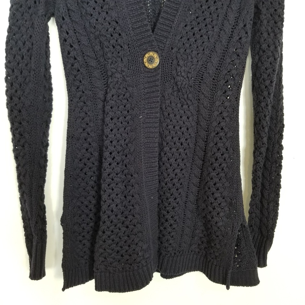 Rosie Neira Anthropologie Cotton Crochet Knit Cardigan Sz XS Navy Sweater Boho - Picture 3 of 11